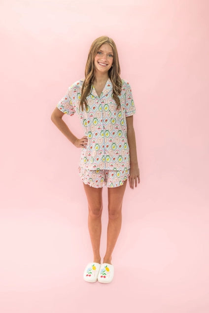 Fruit Cocktail Ruffle Hem Shorts Pajama Set