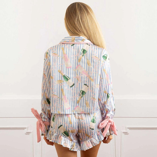 Champagne Stripe Satin Ruffle Short Pj Set